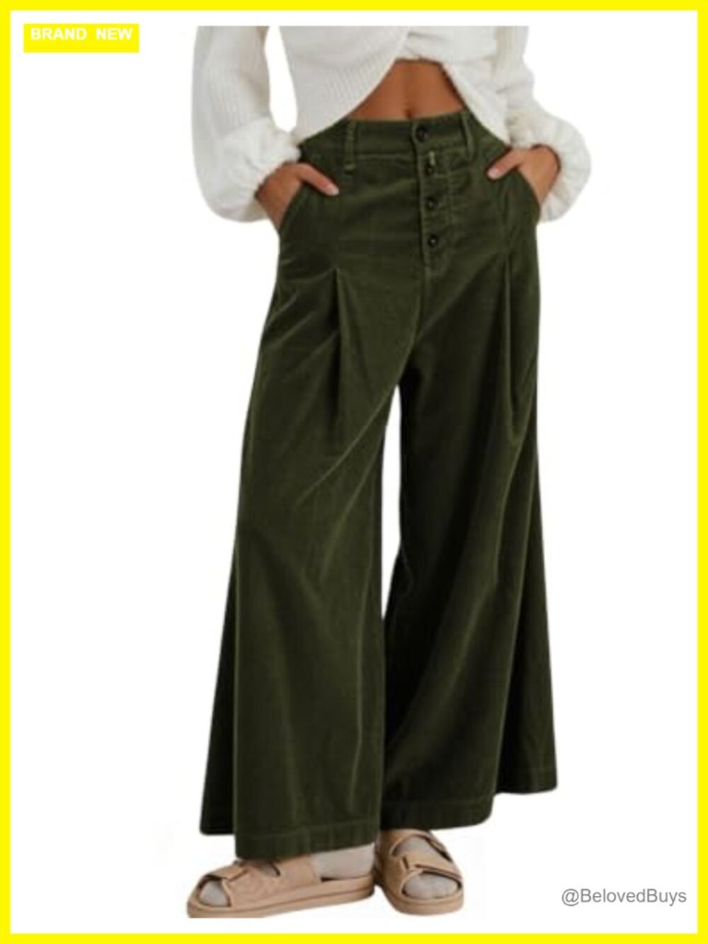 Corduroy Pants Button Front Wide Leg High Waisted Trousers Casual